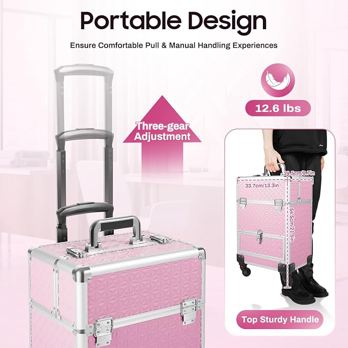 Rolling Makeup Train Case with Drawers, Portable Rolling Makeup Cart with Wheels - Image 5
