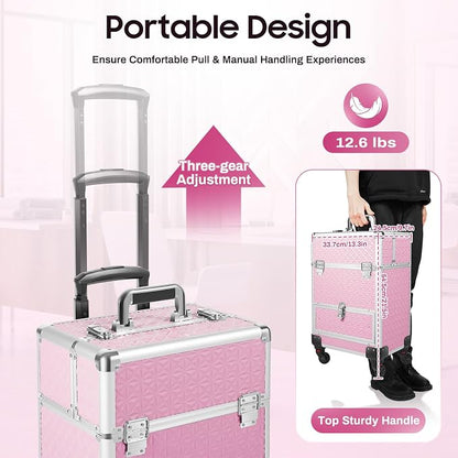 Rolling Makeup Train Case with Drawers, Portable Rolling Makeup Cart with Wheels - Image 5