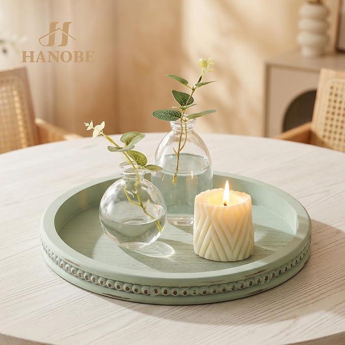Hanobe Sage Green Decor Tray, Beaded Edge & Distressed Finish | 10.4" round - Image 9