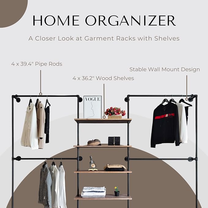 Industrial Pipe Clothing Rack, Wall Mounted Garment Hanging Rack - Image 3