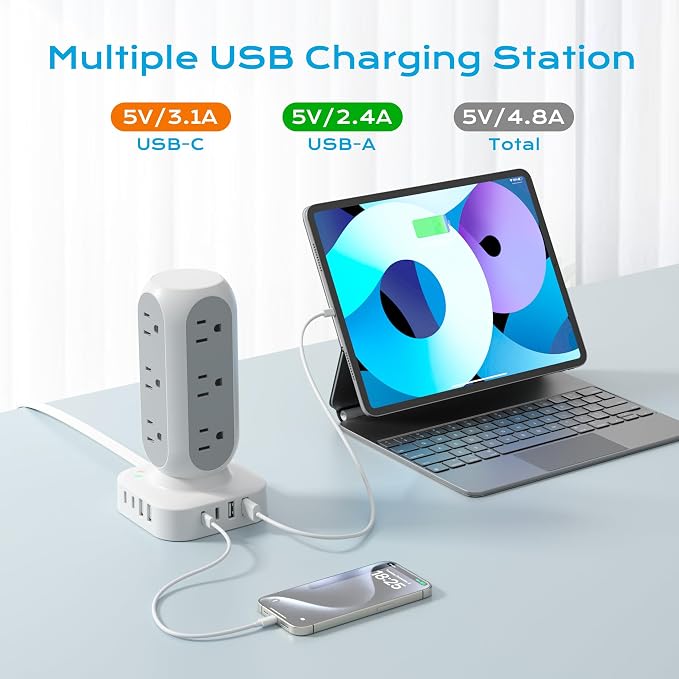 Tower Power Strip with Surge Protection, Flat Plug Outlet Extender with 12 AC - Image 2