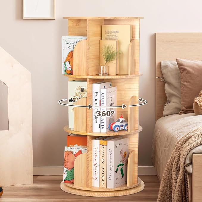 OOOK 3 Tier Rotating Bookshelf Tower, Solid Wood Kids Bookshelf | Large Chassis - Image 3