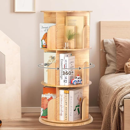 OOOK 3 Tier Rotating Bookshelf Tower, Solid Wood Kids Bookshelf | Large Chassis - Image 3