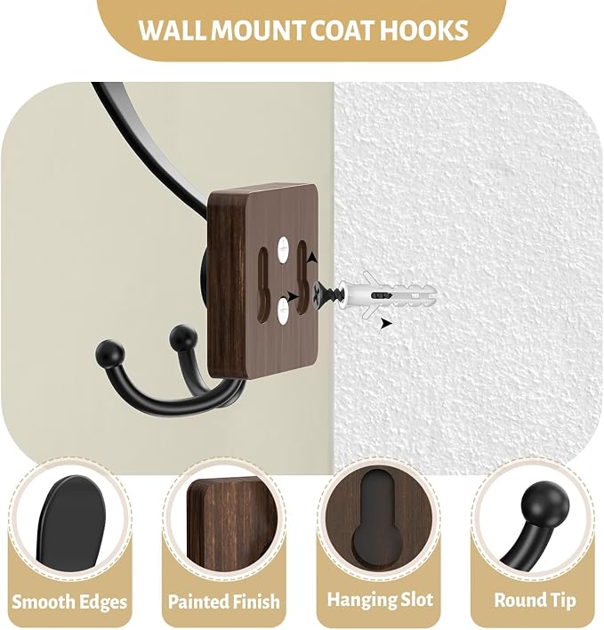 VIS'V Wooden 3 Prong Coat Hooks, Wall Mount, Heavy Duty - Image 4