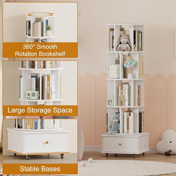 Rotating Bookshelf with Drawers on Lockable Wheels Wood White | 5 Tier Spinning - Image 4