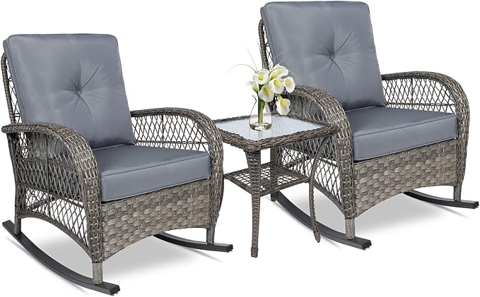 VIVIJASON 3-Piece Outdoor Conversation Bistro Set, Patio Wicker Rocking Chairs by VIVIJASON