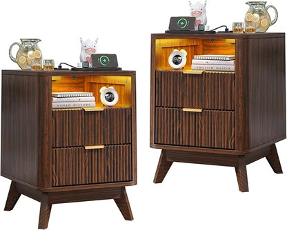 Nightstand with Charging Station, Fluted Nightstand with LED Lights, Modern by Airynee