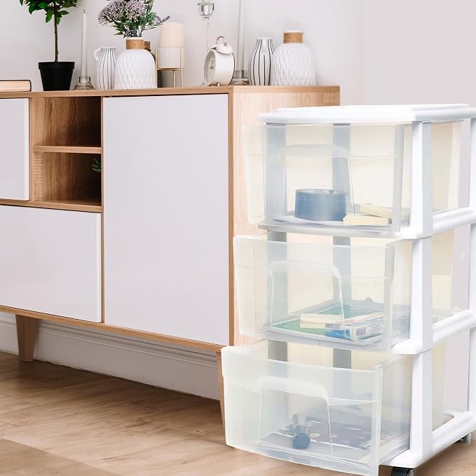 HOMZ Drawer Tower 3-Tier Storage Cart, Removable Wheels, 2 Pack | Plastic - Image 2