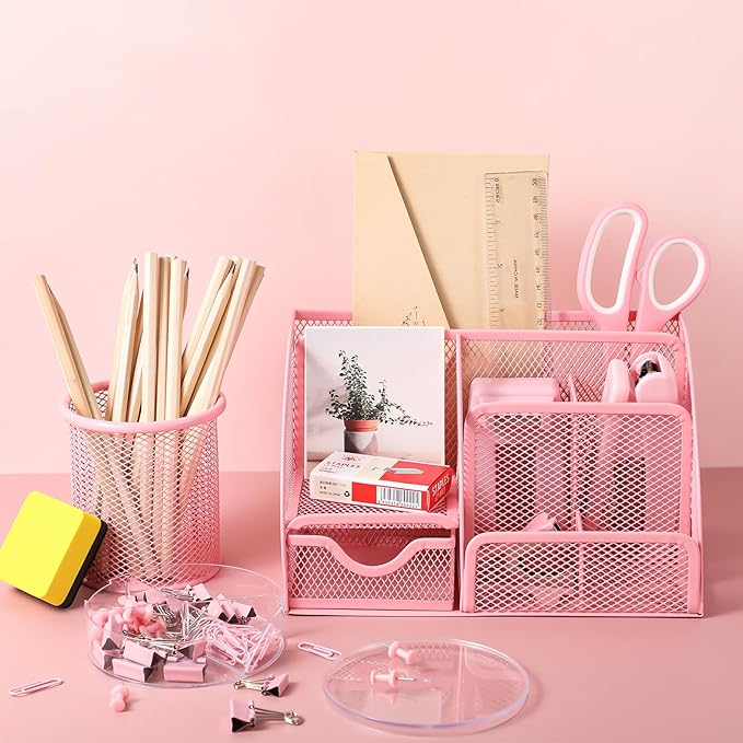 auroray Pink Desk Organizers and Accessories, Tape Dispenser, 1000 Staples - Image 6