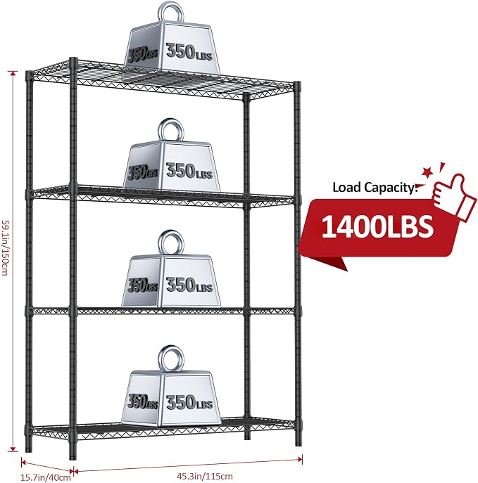 IZEUK 1400 LBS Garage Black Shelving Wide Storage Shelves 4 Tier Adjustable - Image 3