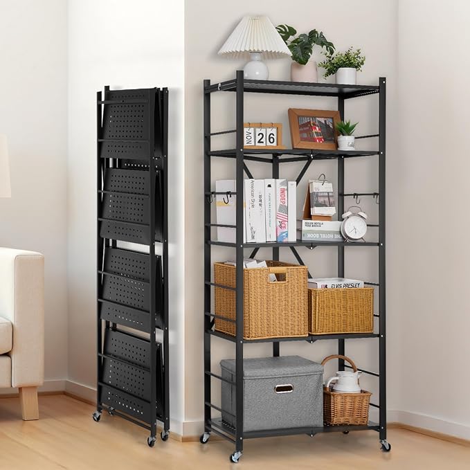 VEVOR 5-Tier Foldable Storage Shelf, 28W x 15D x 64H Inch Folding Metal Rack - Image 2