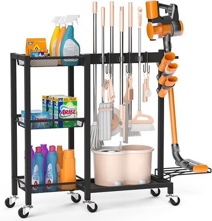 Broom Holder with Cleaning Supplies Organizer Load 350 LBS Cleaning Cart with by FLOUREEbyFetchHome