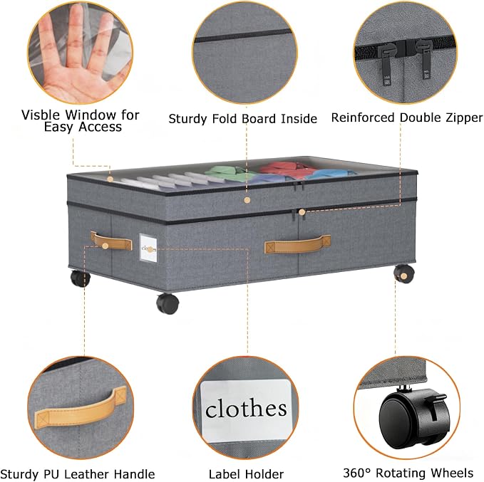 2 Pack Under Bed Storage with Wheels 65L XXL Large Under Bed Storage Containers - Image 5