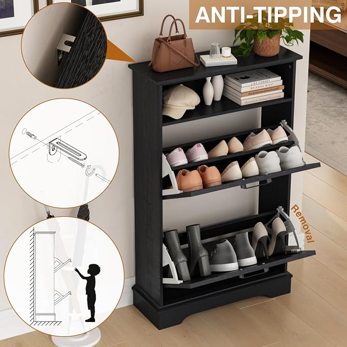 Shoe Storage Cabinet with 2 Flip Drawers, Narrow Slim Shoe Organizer - Image 5