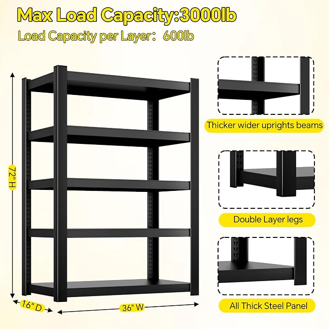 CJF Metal Storage Shelves, 5-Tier Garage Shelving Unit, Heavy Duty Adjustable - Image 3