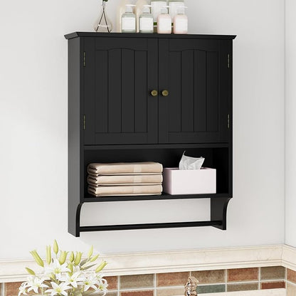 Black Bathroom Cabinet with Towel Rack, Bathroom Wall Cabinet with 2 Doors and - Image 3