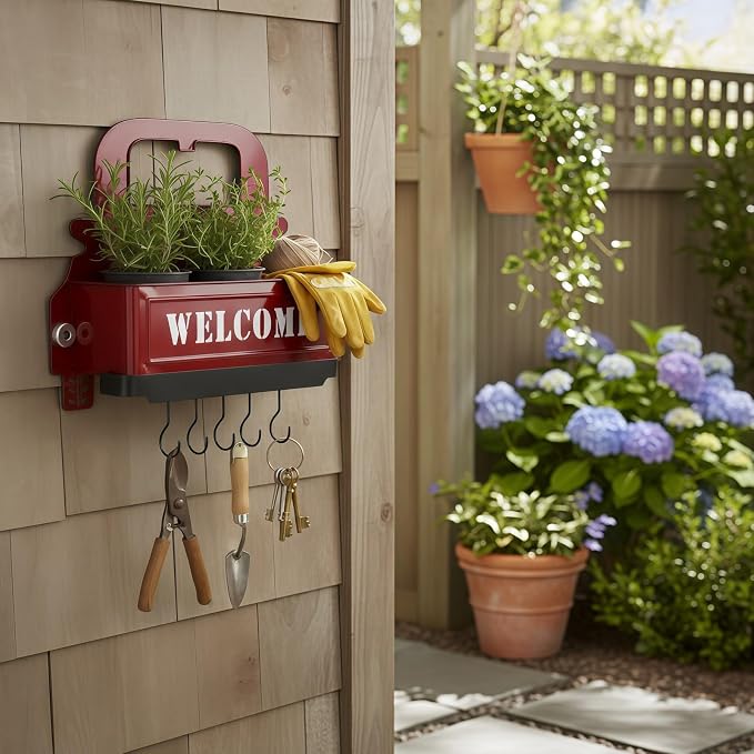 Truck Farmhouse Key Rack & Rustic Metal Wall Planter, Wall Mounted Flower Pot - Image 5