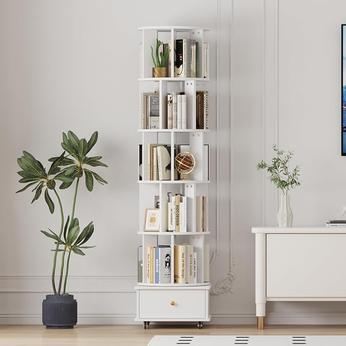 5-Tier Rotating Bookshelf with Drawers on Wheels, 360° Spinning Corner Bookcase - Image 8