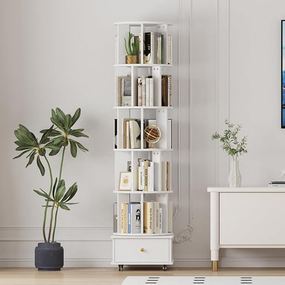 5-Tier Rotating Bookshelf with Drawers on Wheels, 360° Spinning Corner Bookcase - Image 8