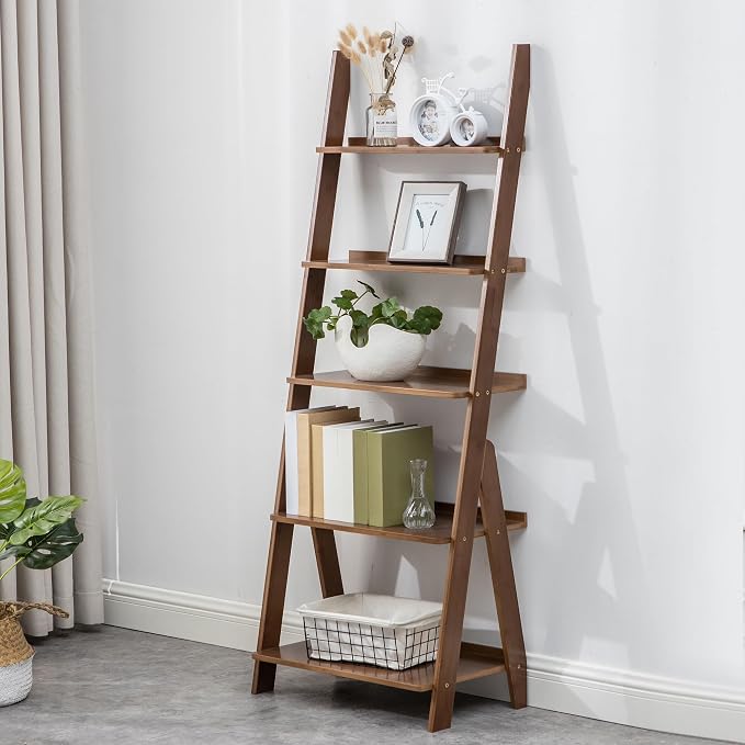 Maydear Bamboo Ladder Shelf Bookcase, 5-Tier Leaning Bookshelf Free Standing by Maydear