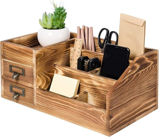 Liry Products Rustic Wooden Desktop Organizer Office Supplies Brown Tabletop by EXOLIRY