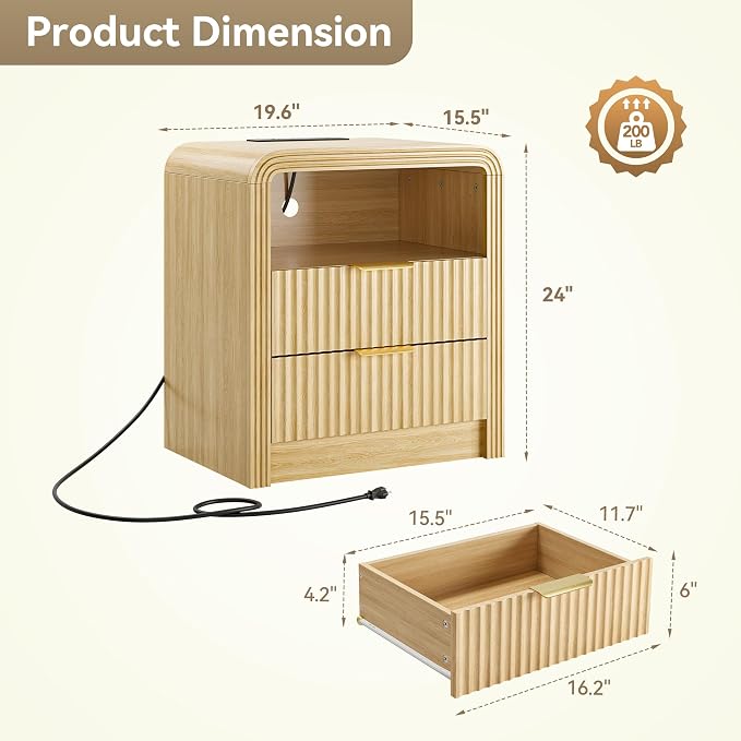 Fluted Nightstand with Charging Station, 19.7'' Wide Morden End Table with - Image 2