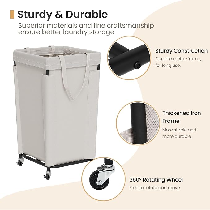 Laundry Basket with Wheels, Laundry Hamper with Removable Bag and Steel Frame - Image 4
