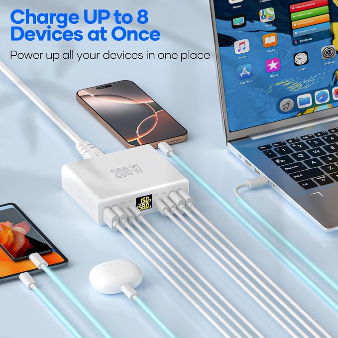 200W USB C Charger 8-Port with LED Display, USB Charging Station GaN Multiport - Image 2