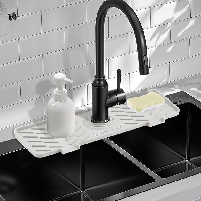 Meiliweser Silicone Faucet Mat for Kitchen Sink – Gen 3 10° Slope Splash Guard by Meiliweser