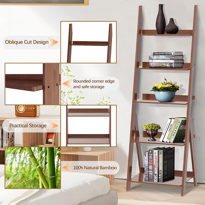 DOUSY-5-Tier Ladder Shelf Bookcase, Bamboo Ladder Bookshelf Leaning Book Shelf - Image 4