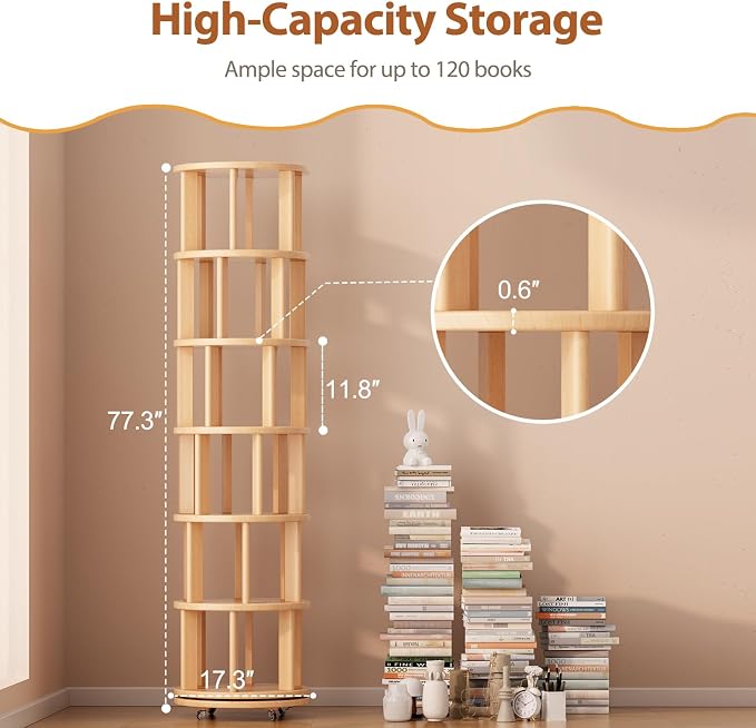Solid Wood Rotating Bookshelf on Wheels, 6 Tier, Round Revolving Bookcase - Image 2