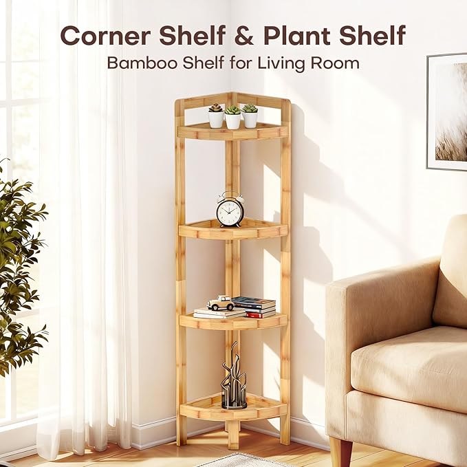 2026 New Bamboo Standing Shelf, 4 Tier Corner Shelf Stand, Free-Standing Shelf - Image 6