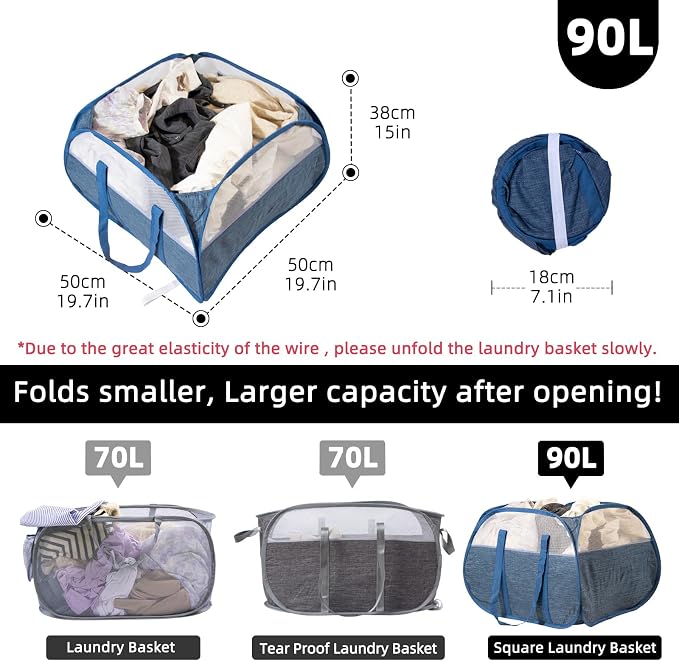 Collapsible Laundry Basket, 90L Tear Proof Mesh Pop-up Hamper 2PCS | Foldable - Image 2