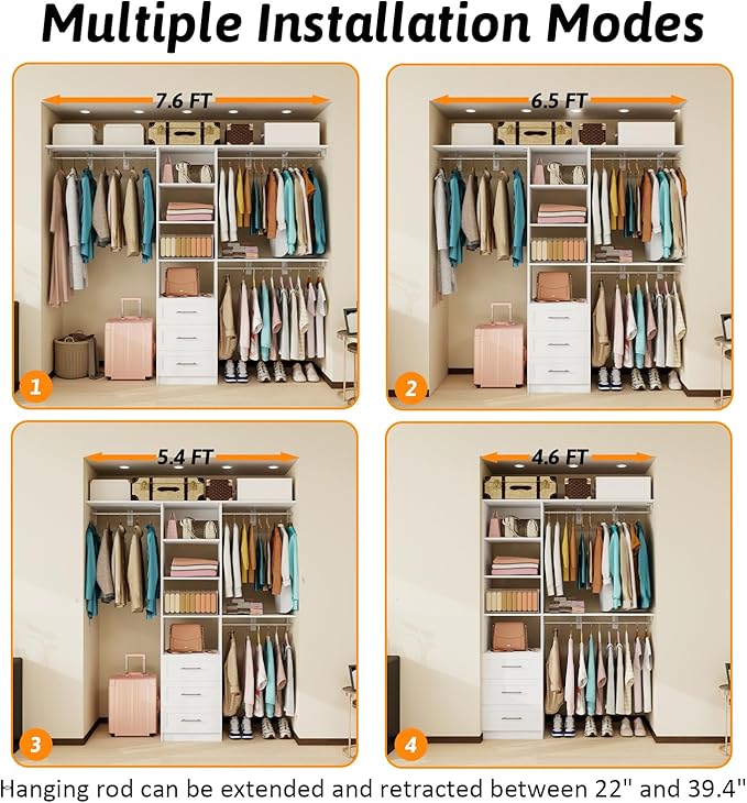 96 inch Closet System with Wooden Drawers, 5FT-8FT Closet Organizer System with - Image 5