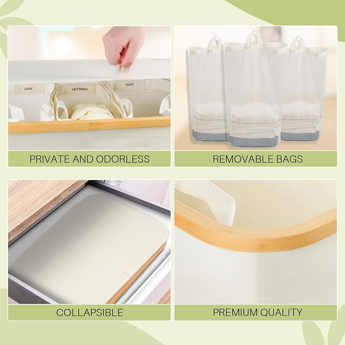 160L Laundry Hamper with Lid, 3 Section Laundry Basket with 3 Removable Bag | - Image 7
