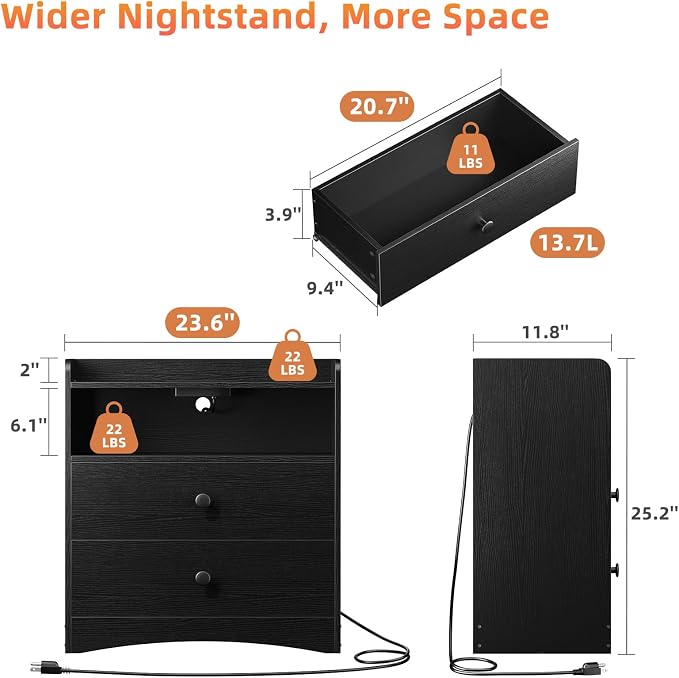 2 Pack Nightstand with Charging Station and LED Light, Modern Nightstand with - Image 2