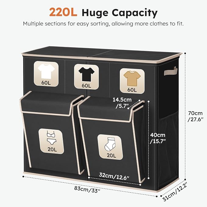 SOLEDI 220L Laundry Hamper 3 Section, Extra Large Laundry Basket - Image 7