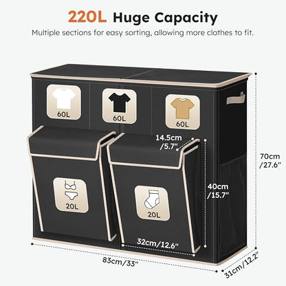 SOLEDI 220L Laundry Hamper 3 Section, Extra Large Laundry Basket - Image 7