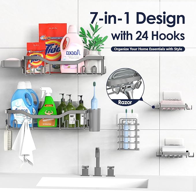 Shower Caddy Adhesive Shower Organizer 7-Pack, Rustproof Stainless Steel - Image 4