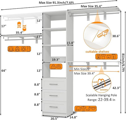 96 inch Closet System with Wooden Drawers, 5FT-8FT Closet Organizer System with - Image 3