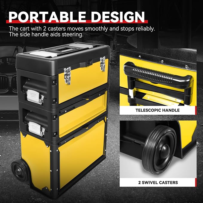 Auto Dynasty 3-Tier Stackable Tool Box, 19.5 Inch 3-in-1 Rolling Tool Box - Image 6