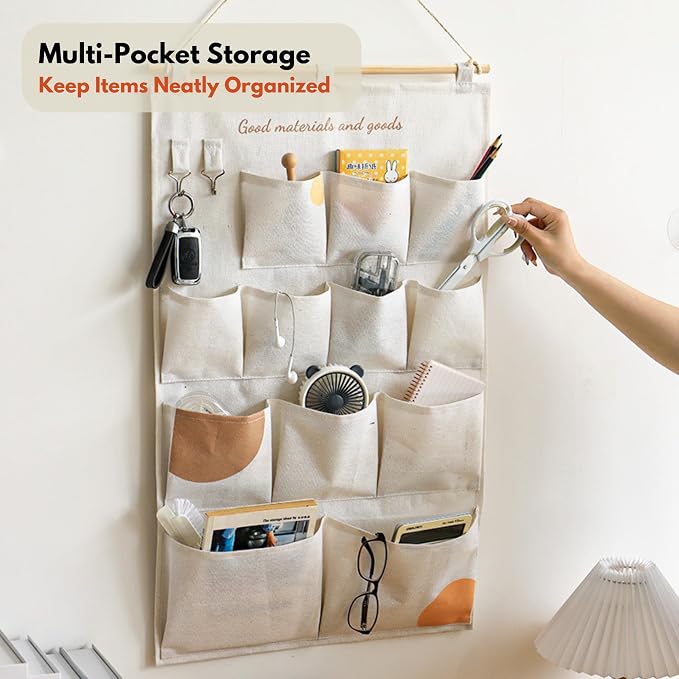 Wall Hanging Organizer with Pockets, Over Door Storage Organizer with Wooden Rod - Image 2