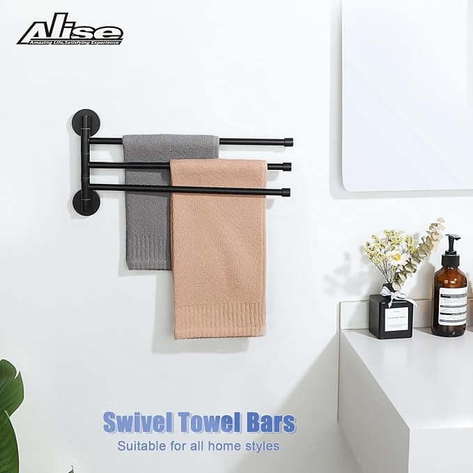 Alise 3 Arm Swivel Towel Rack, Matte Black Swivel Out Towel Bar, 13.86 Inch | - Image 2