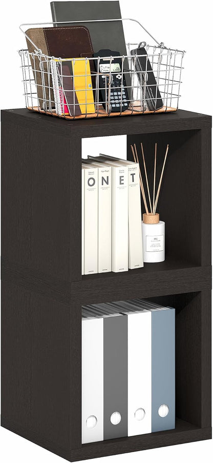 Furinno Cubicle Set of 2 Book Shelf, Stackable Bookshelf, Dark Oak | Cube by Furinno-FitsYourSpaceFitsYourBudget