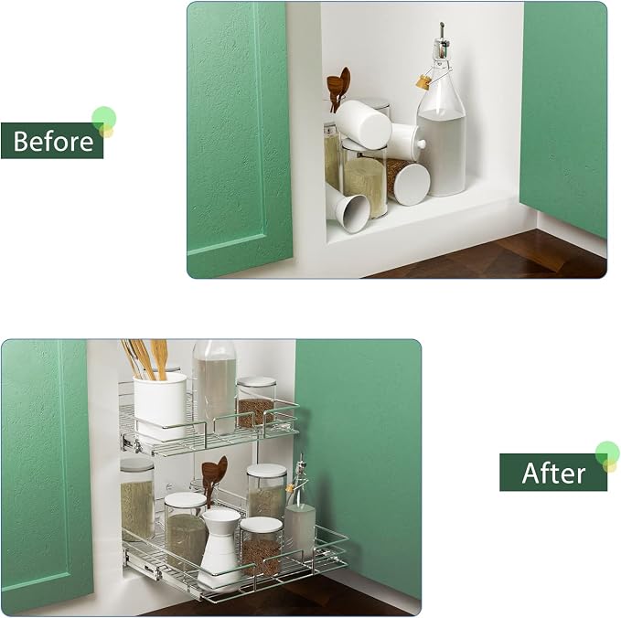 LOVMOR 2 Tier Individual Pull Out Cabinet Organizer 14" W x 18" D, Slide Out - Image 7