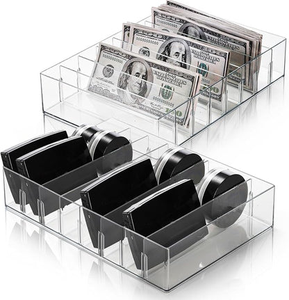 Covzoe 2 Pack Clear Cash Organizer Tray, 8 Adjustable Compartments Plastic Bill - Image 5