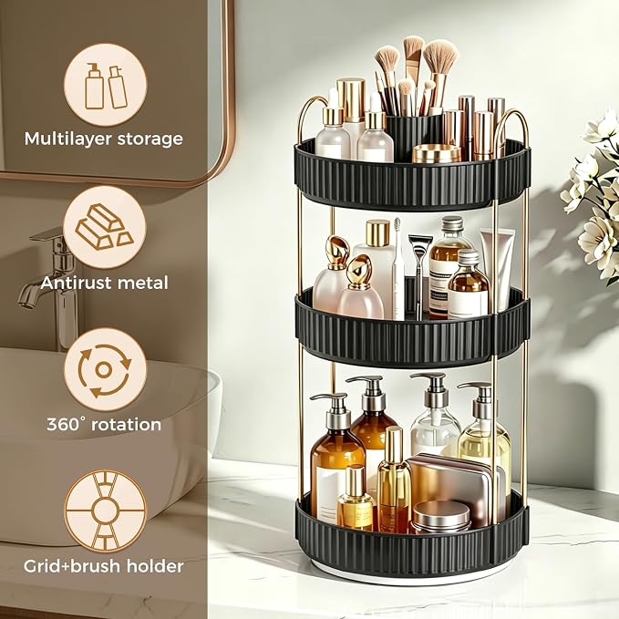 360° Rotating Makeup Organizer, Upgraded 3 Tier Skincare Perfume Organizers - Image 5