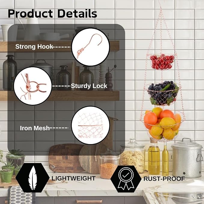 IBERG 3 Tier Hanging Basket, Metal Kitchen Organizer - Image 3