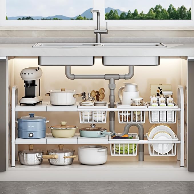 Under Sink Organizer，2 Tier Expandable Heavy Duty Metal Shelf，with 5 Removable by Unknown