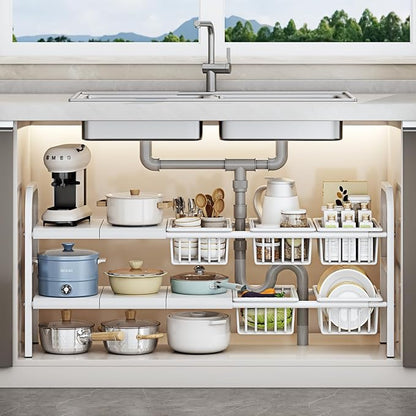 Under Sink Organizer，2 Tier Expandable Heavy Duty Metal Shelf，with 5 Removable by Unknown